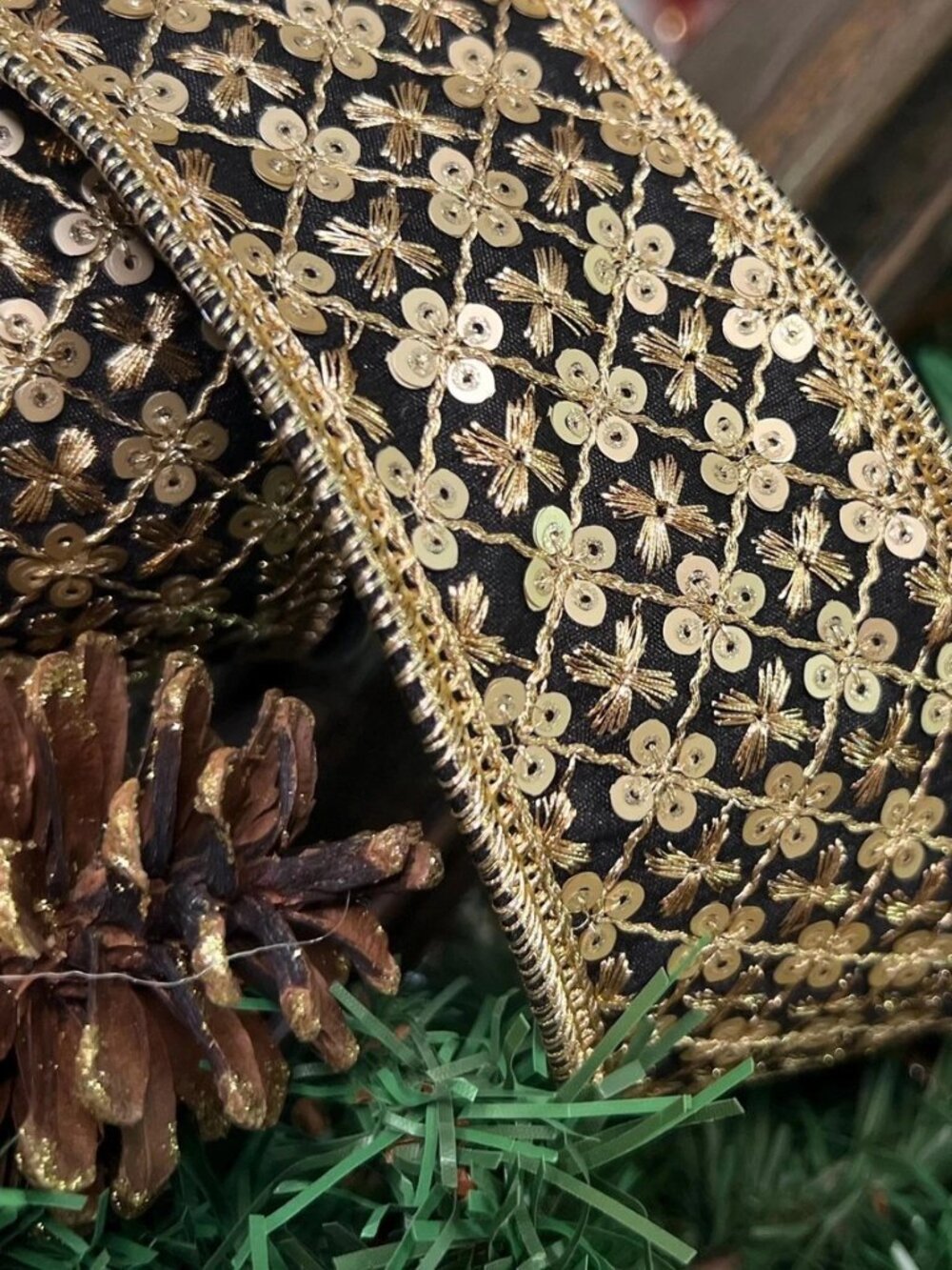 D.Stevens 2.5" Black & Gold Metallic Dupion Sequin Trim Ribbon Christmas Crafts